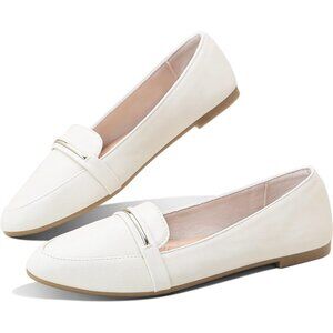 Obtaom Women's Beige Faux Leather Pointy Toe Slip On Loafer Ballet Flat